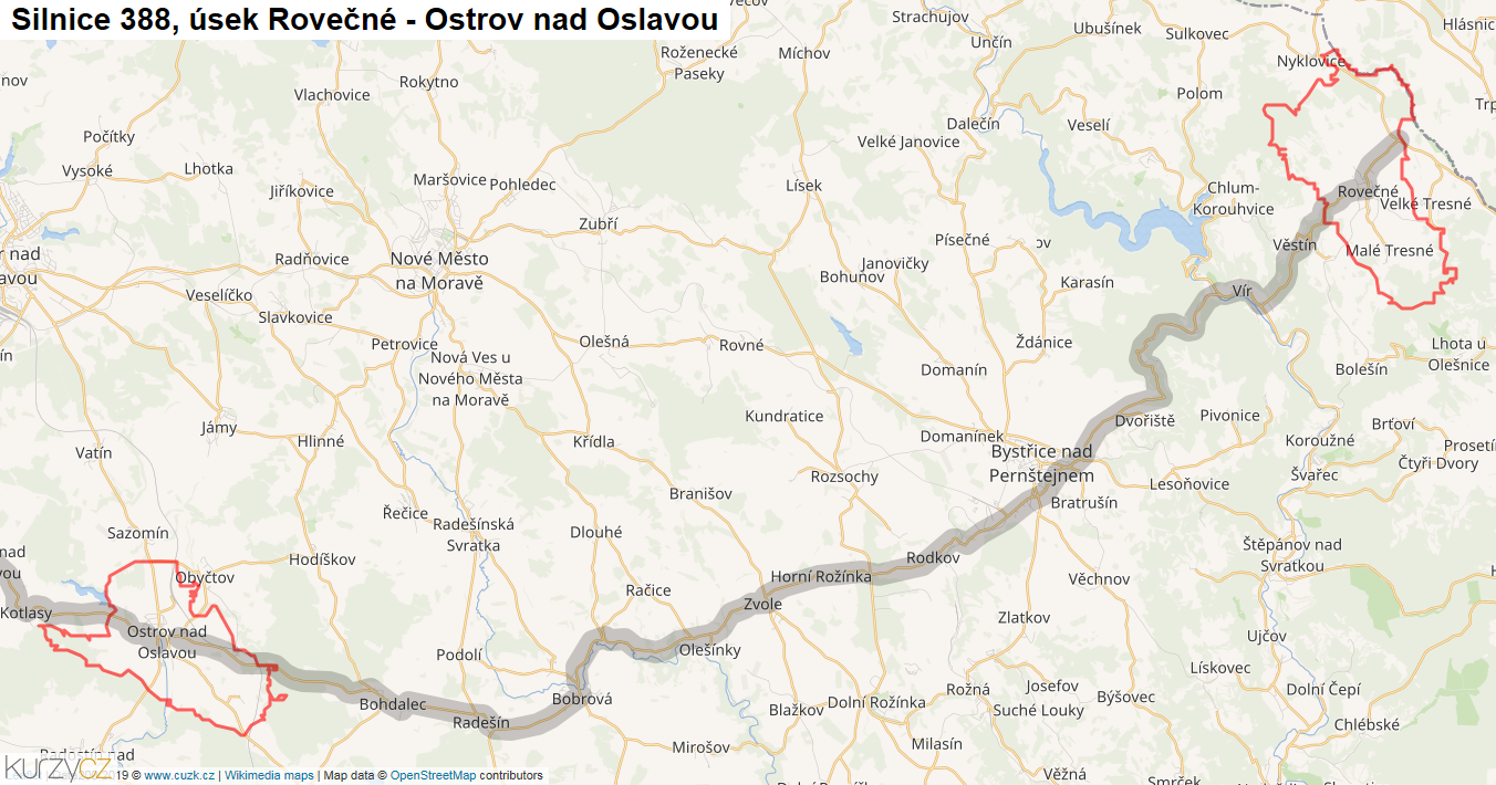 Úsek Rovečné - Ostrov nad Oslavou, Silnice 388 - Mapa