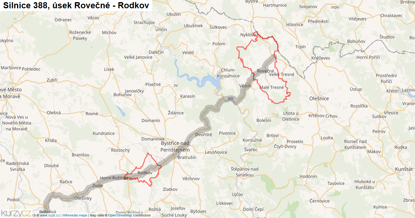 Úsek Rovečné - Rodkov, Silnice 388 - Mapa