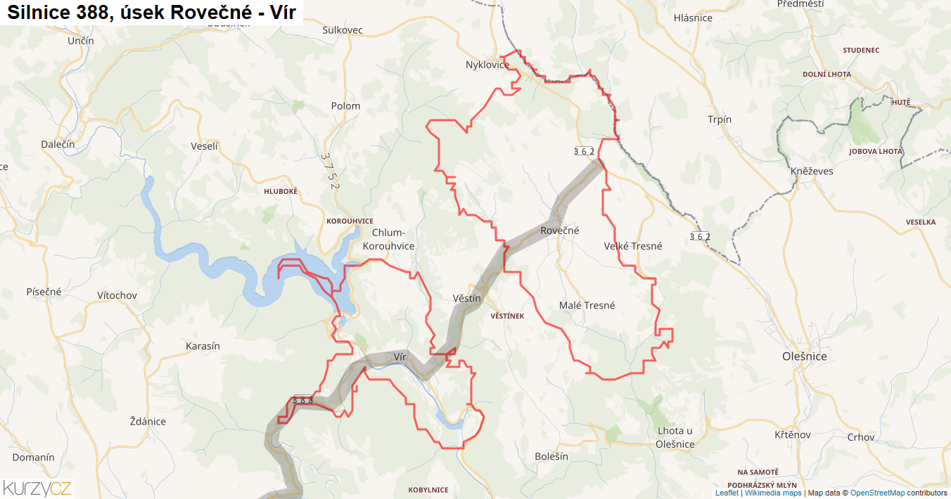 Úsek Rovečné - Vír, Silnice 388 - Mapa