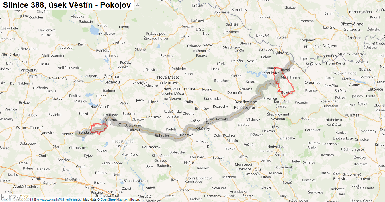 Úsek Věstín - Pokojov, Silnice 388 - Mapa