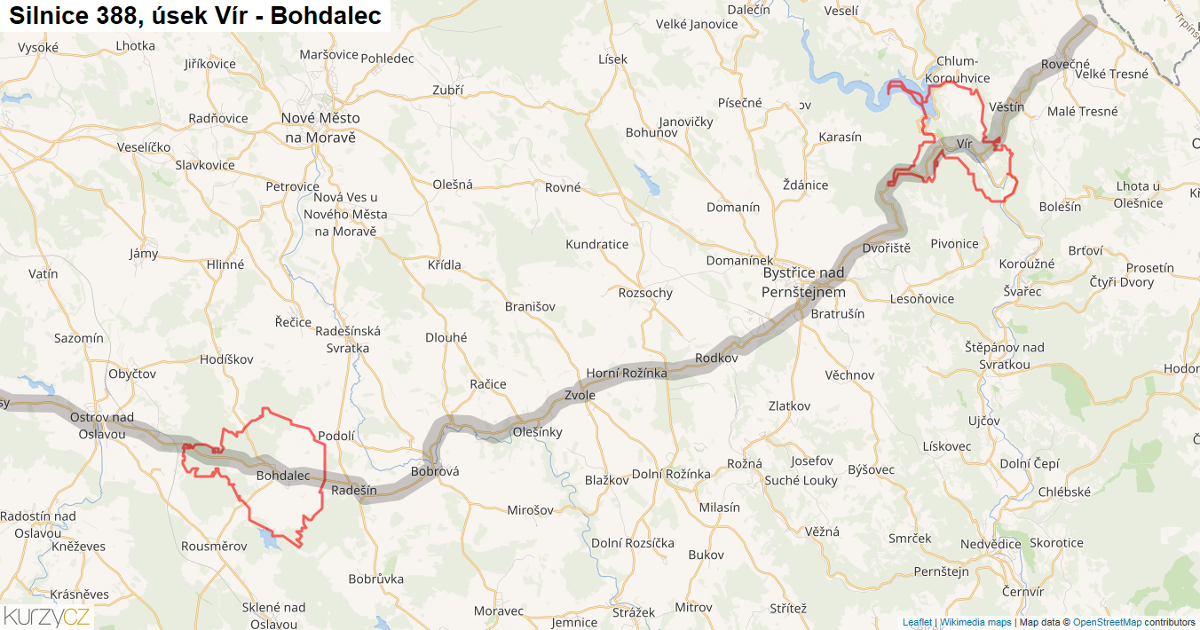 Úsek Vír - Bohdalec, Silnice 388 - Mapa