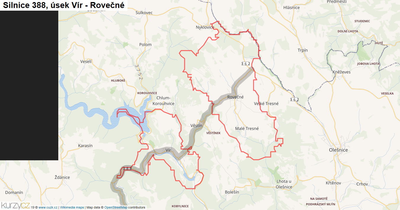 Úsek Vír - Rovečné, Silnice 388 - Mapa