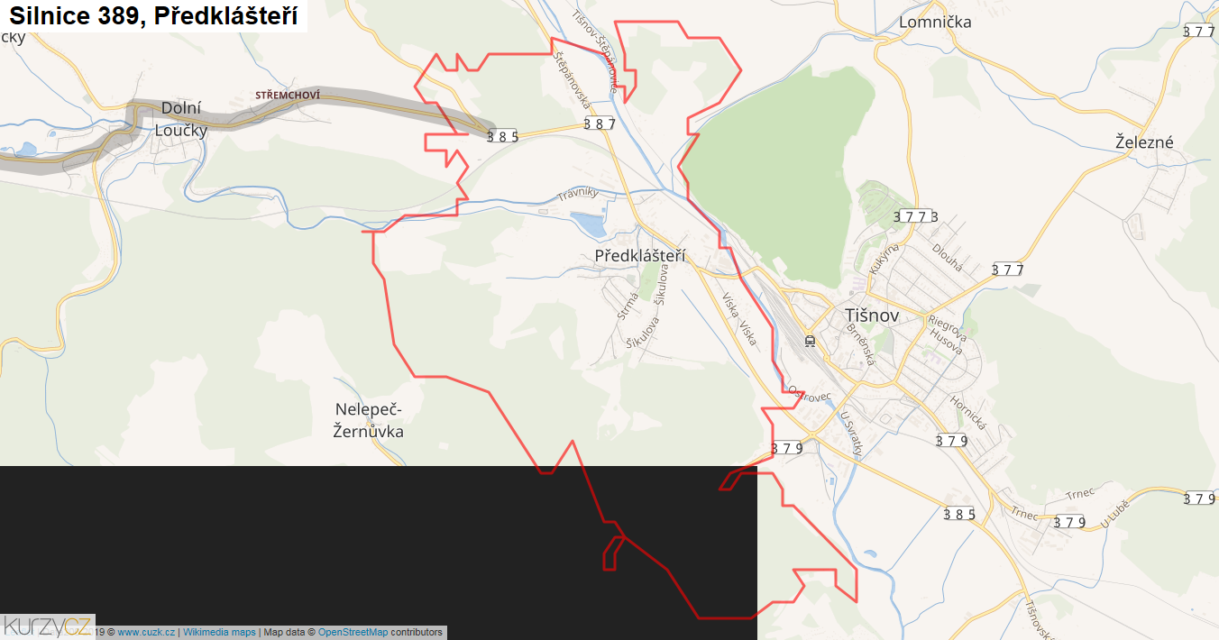 Předklášteří, Silnice 389 - Mapa