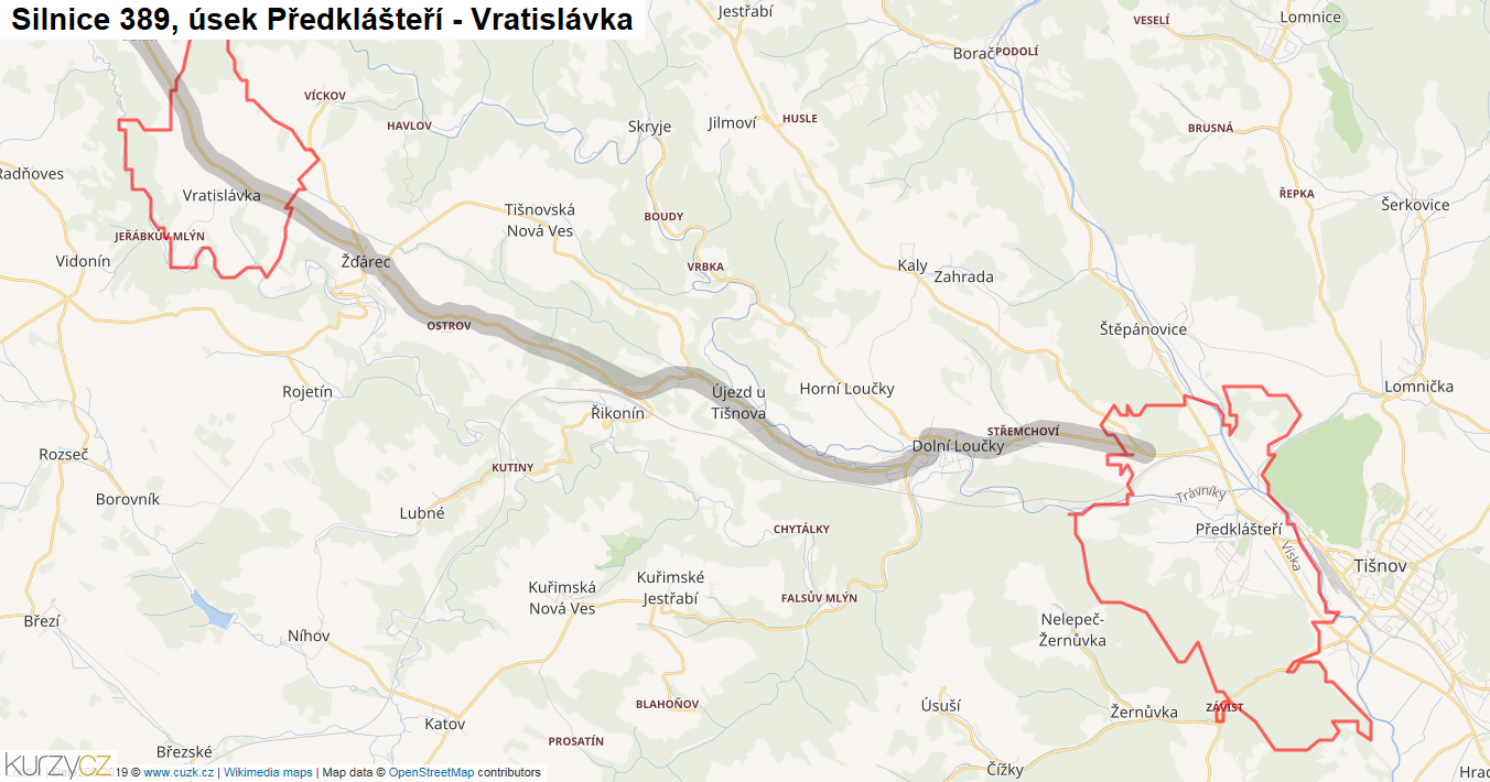 Úsek Předklášteří - Vratislávka, Silnice 389 - Mapa
