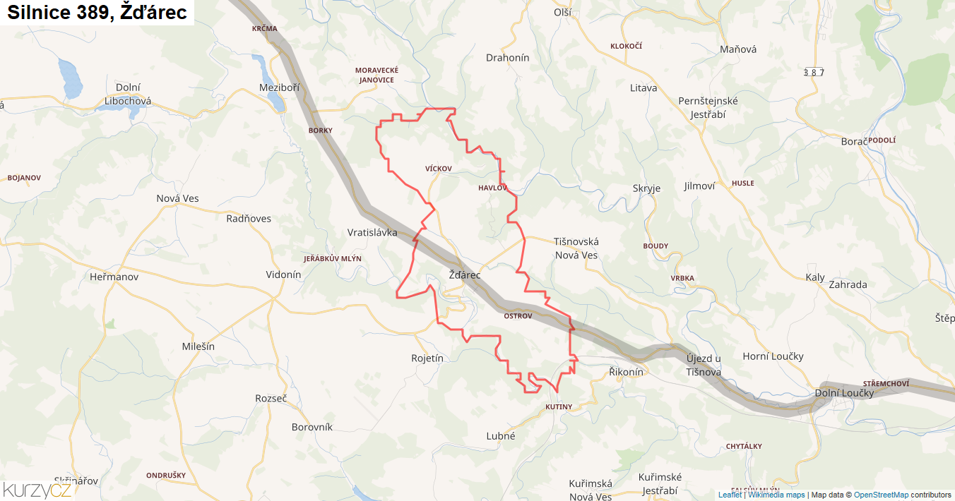 Žďárec, Silnice 389 - Mapa