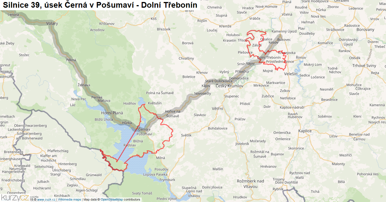 Úsek Černá v Pošumaví - Dolní Třebonín, Silnice 39 - Mapa