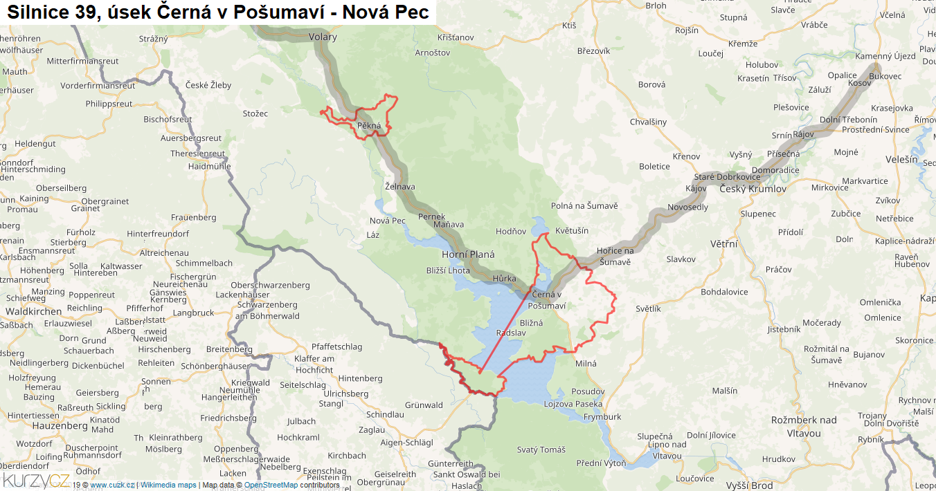 Úsek Černá v Pošumaví - Nová Pec, Silnice 39 - Mapa