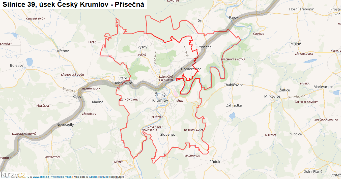 Úsek Český Krumlov - Přísečná, Silnice 39 - Mapa