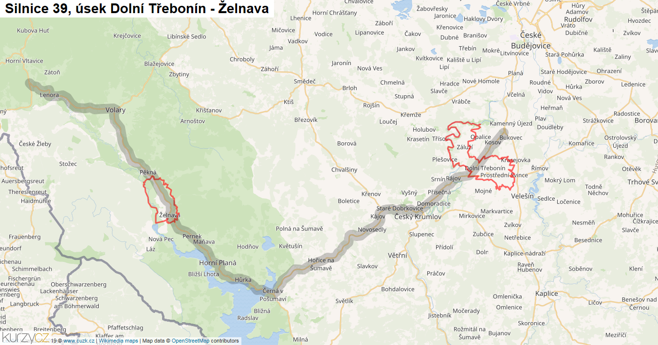 Úsek Dolní Třebonín - Želnava, Silnice 39 - Mapa