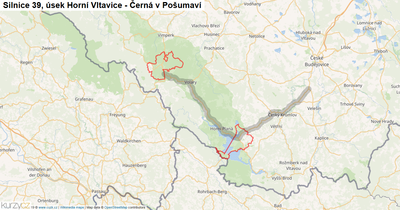 Úsek Horní Vltavice - Černá v Pošumaví, Silnice 39 - Mapa
