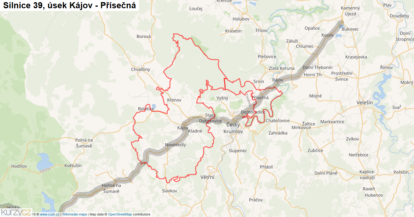 Úsek Kájov - Přísečná, Silnice 39 - Mapa