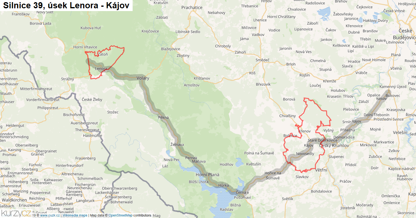 Úsek Lenora - Kájov, Silnice 39 - Mapa