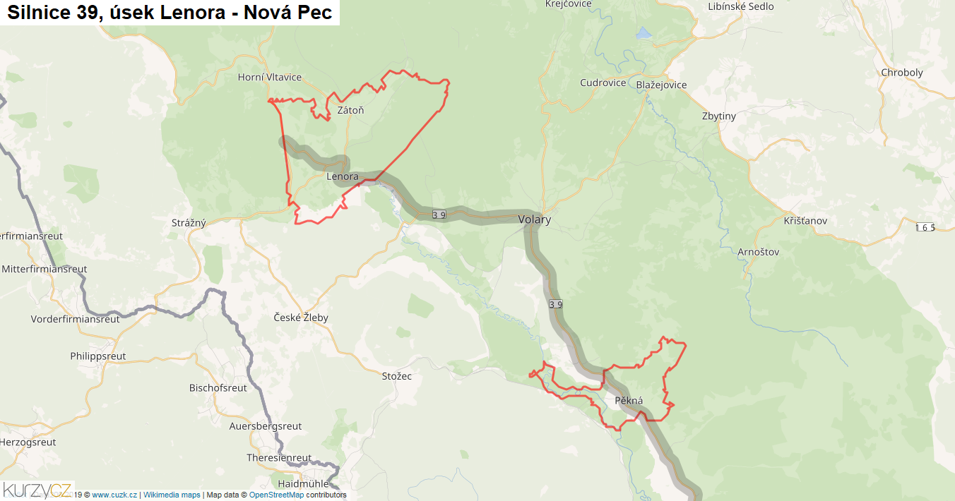 Úsek Lenora - Nová Pec, Silnice 39 - Mapa
