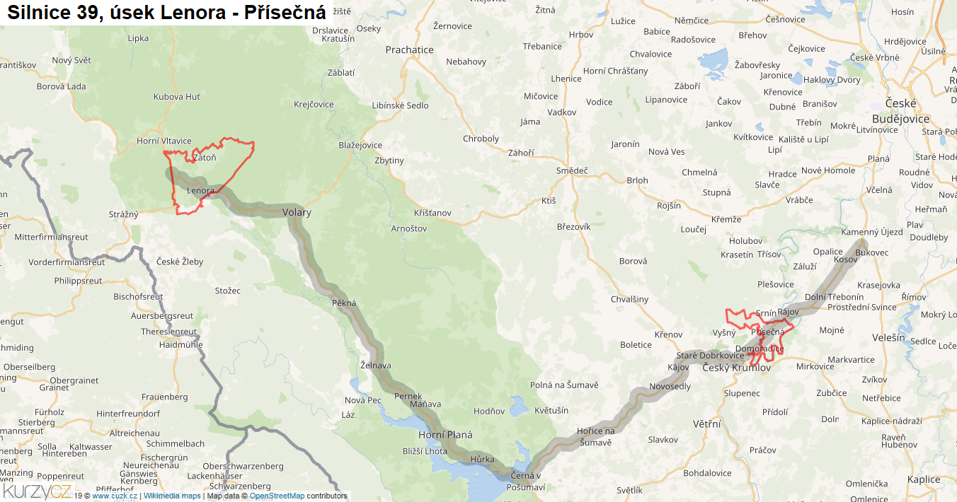 Úsek Lenora - Přísečná, Silnice 39 - Mapa
