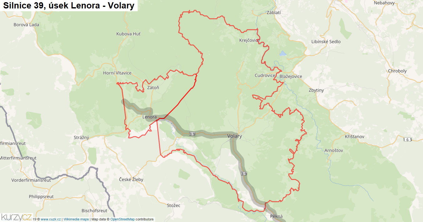 Úsek Lenora - Volary, Silnice 39 - Mapa