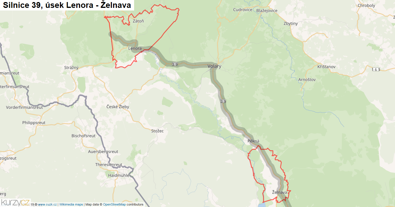 Úsek Lenora - Želnava, Silnice 39 - Mapa