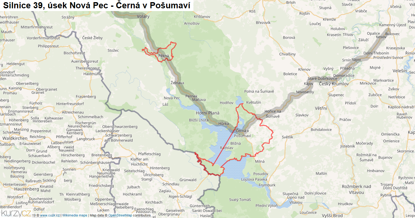 Úsek Nová Pec - Černá v Pošumaví, Silnice 39 - Mapa