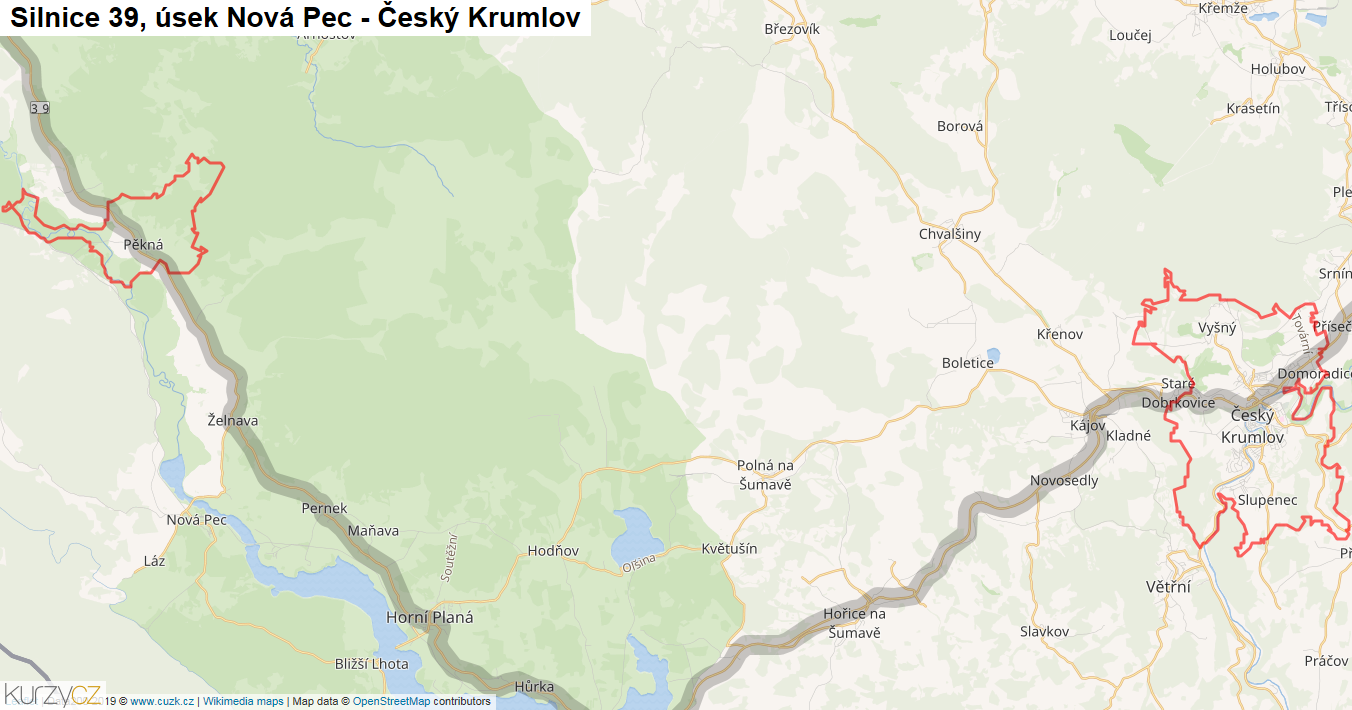 Úsek Nová Pec - Český Krumlov, Silnice 39 - Mapa