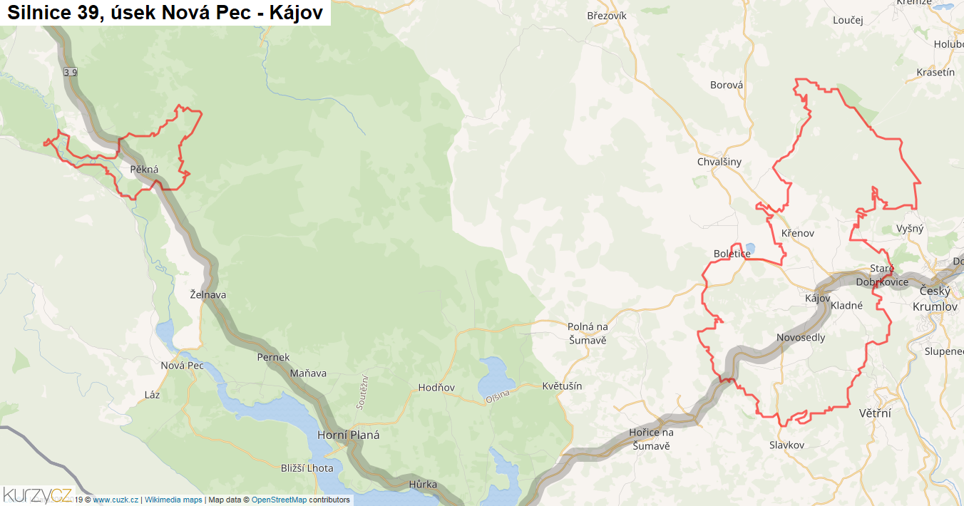 Úsek Nová Pec - Kájov, Silnice 39 - Mapa