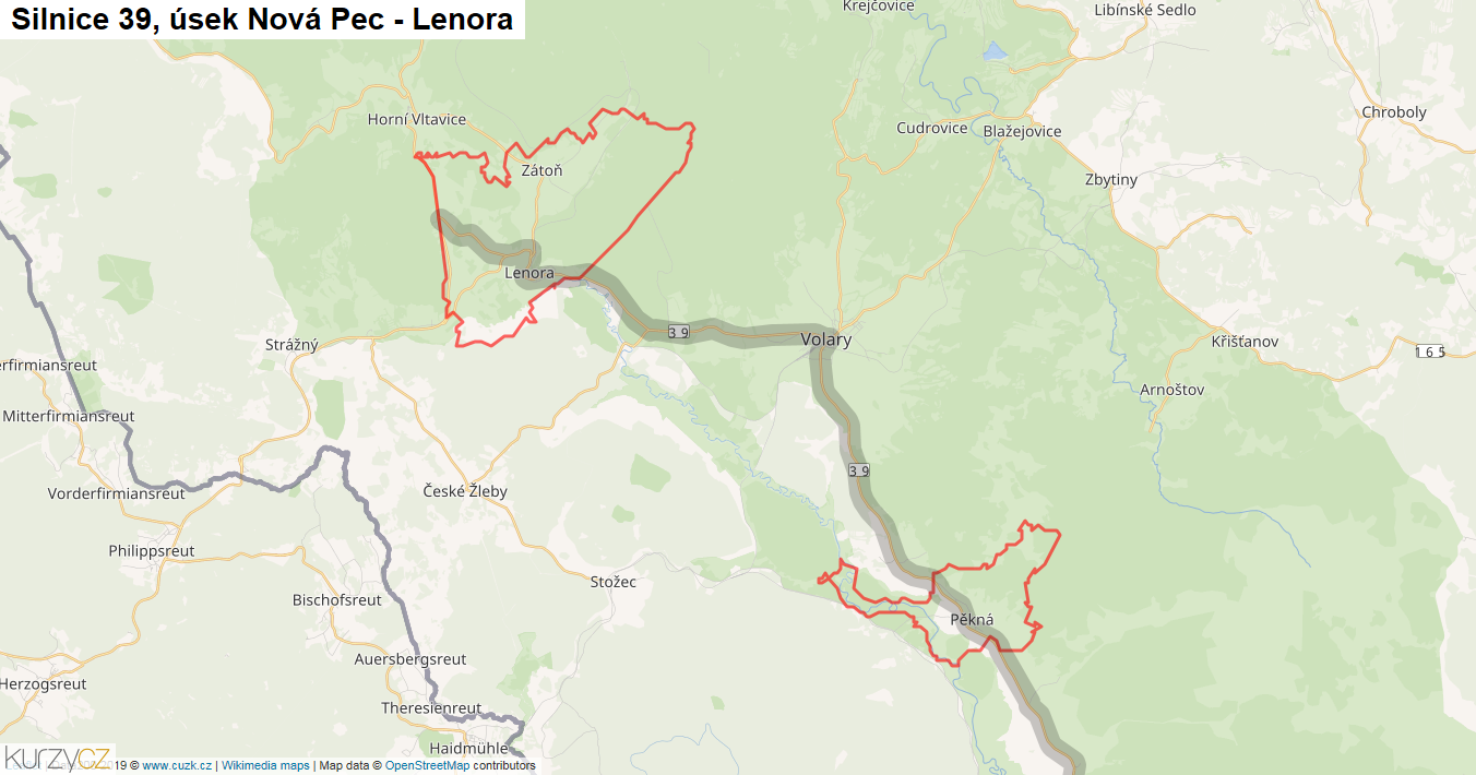 Úsek Nová Pec - Lenora, Silnice 39 - Mapa
