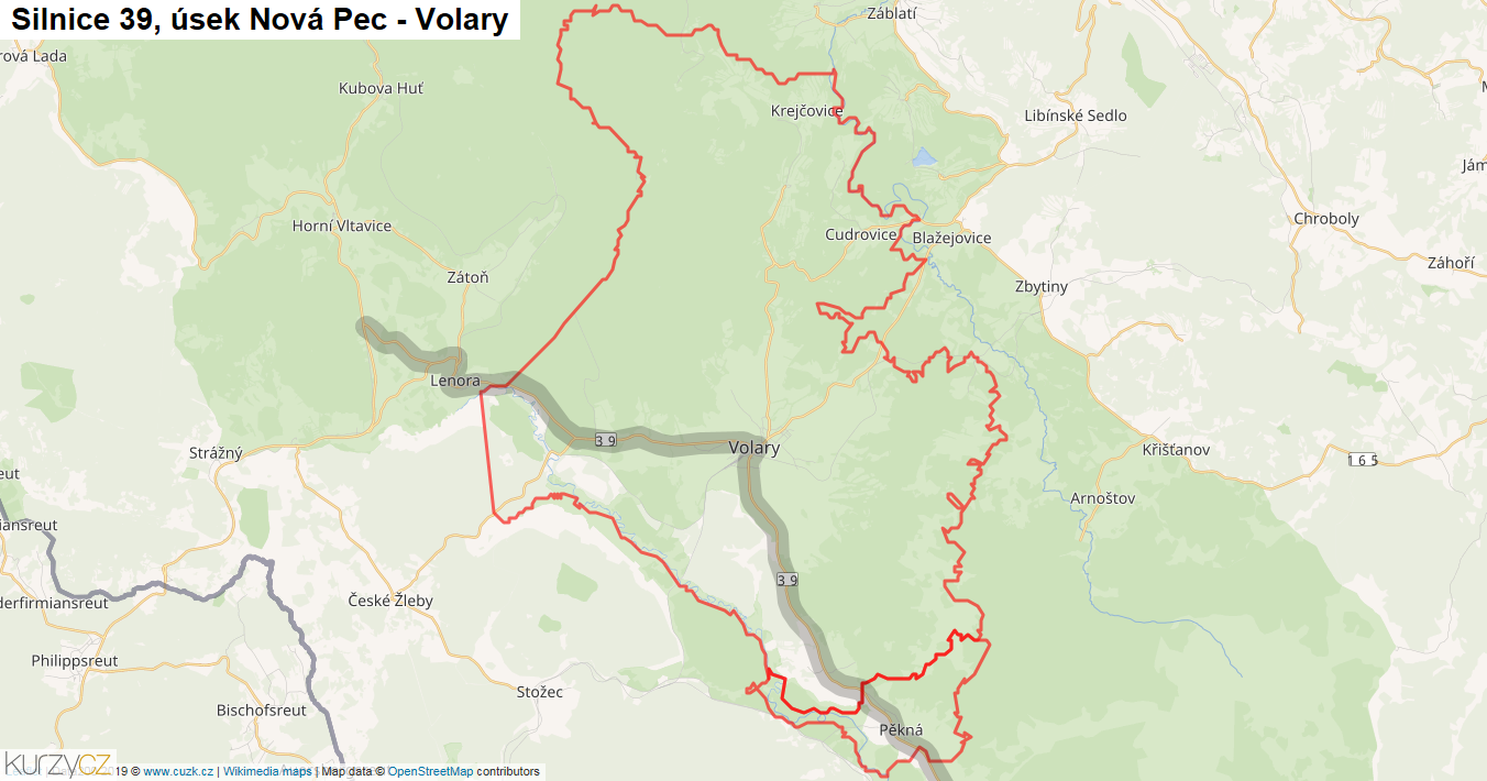 Úsek Nová Pec - Volary, Silnice 39 - Mapa