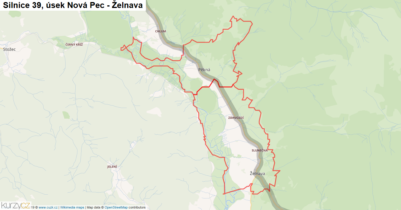 Úsek Nová Pec - Želnava, Silnice 39 - Mapa