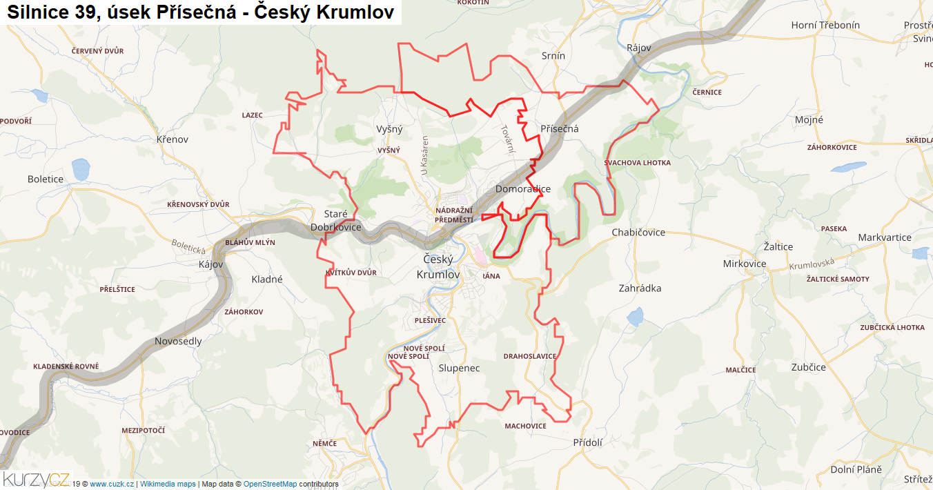 Úsek Přísečná - Český Krumlov, Silnice 39 - Mapa