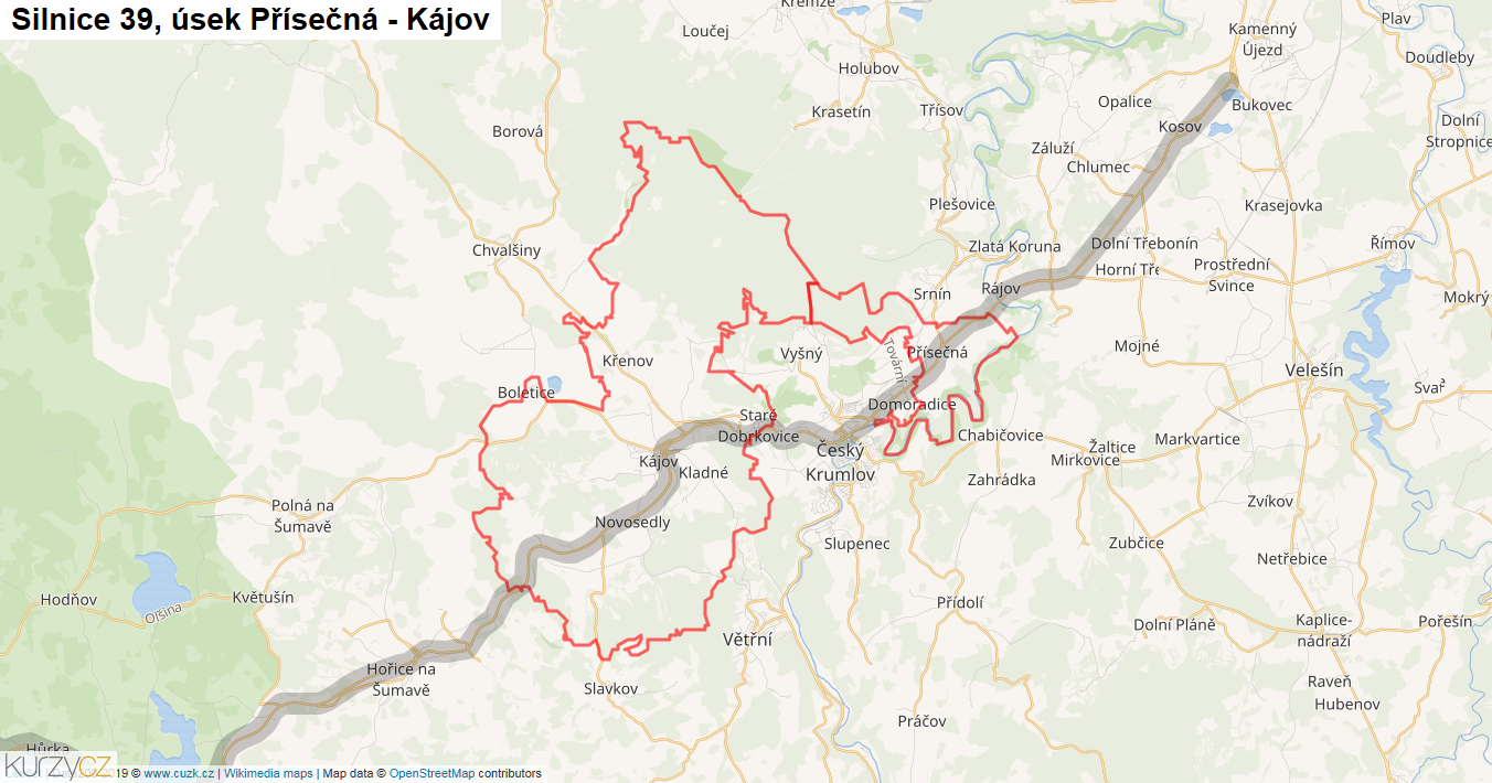 Úsek Přísečná - Kájov, Silnice 39 - Mapa