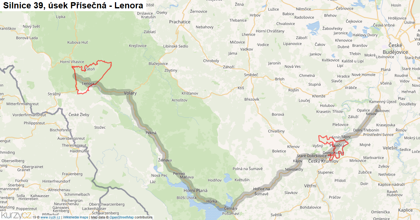 Úsek Přísečná - Lenora, Silnice 39 - Mapa