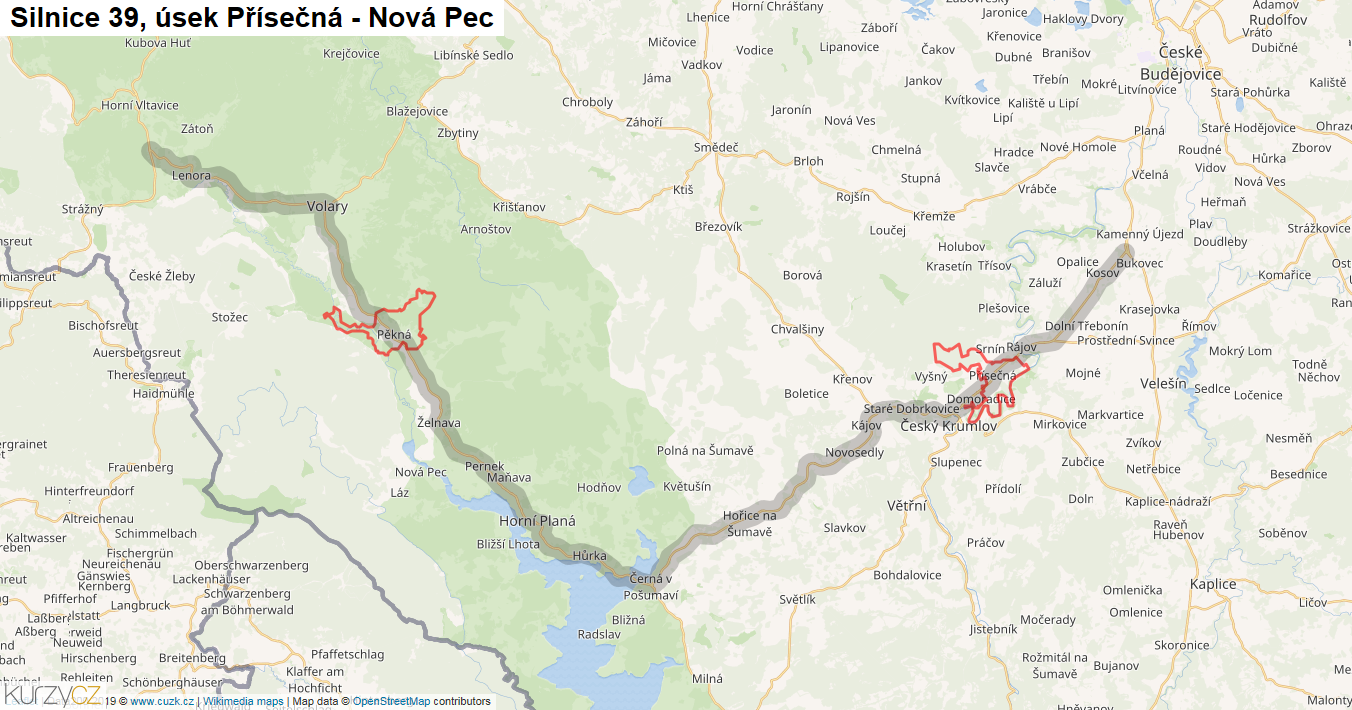 Úsek Přísečná - Nová Pec, Silnice 39 - Mapa