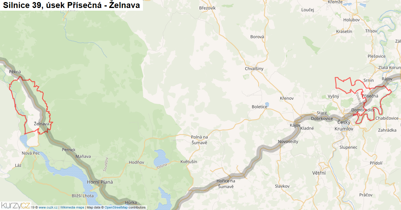 Úsek Přísečná - Želnava, Silnice 39 - Mapa