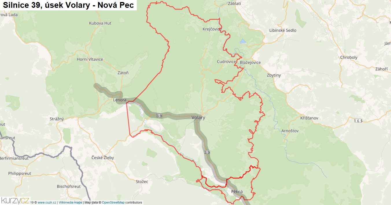 Úsek Volary - Nová Pec, Silnice 39 - Mapa