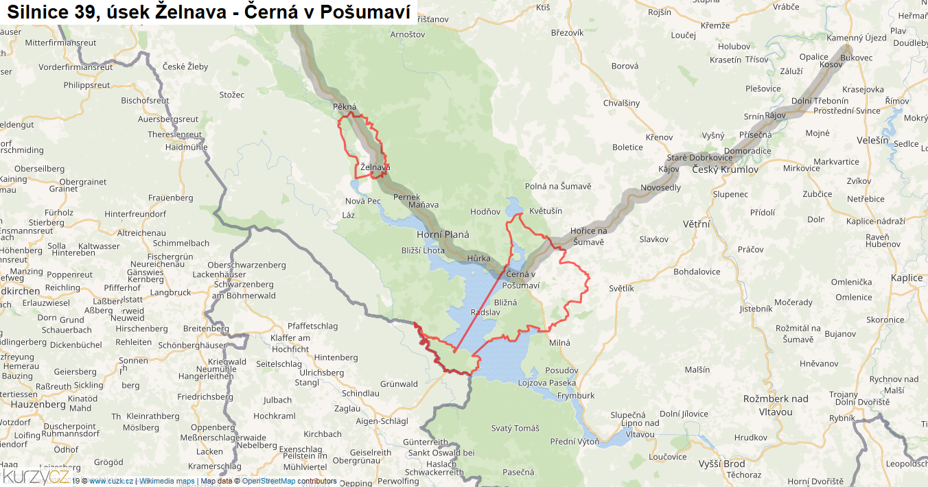 Úsek Želnava - Černá v Pošumaví, Silnice 39 - Mapa