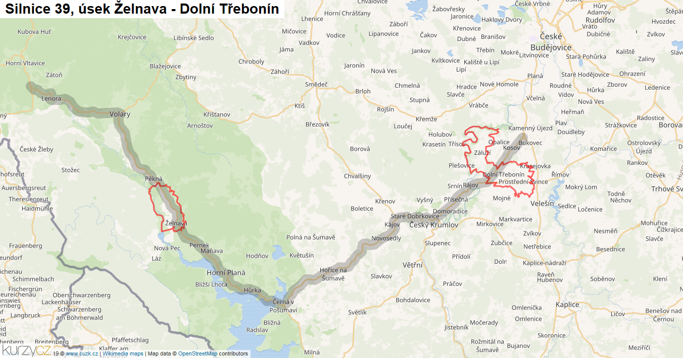 Úsek Želnava - Dolní Třebonín, Silnice 39 - Mapa