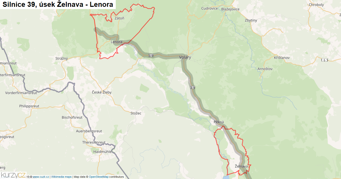 Úsek Želnava - Lenora, Silnice 39 - Mapa