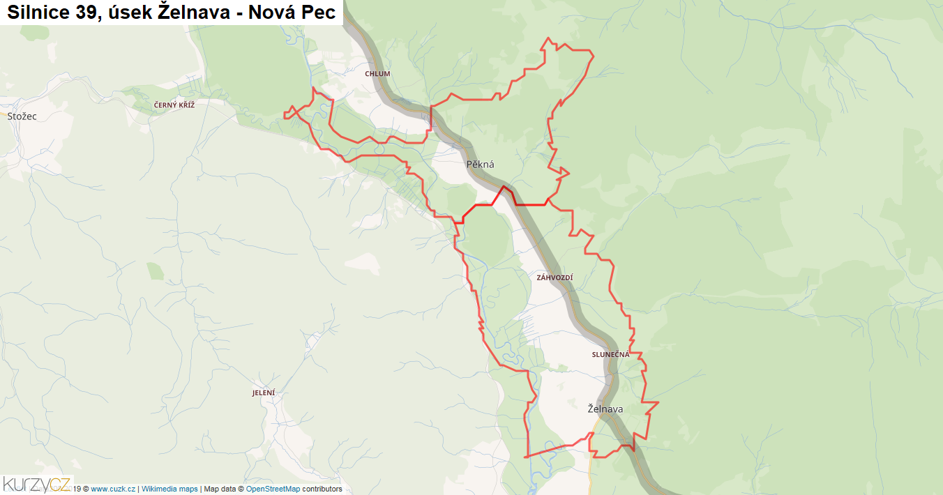 Úsek Želnava - Nová Pec, Silnice 39 - Mapa