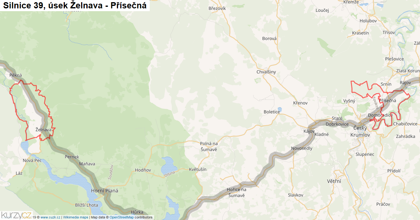 Úsek Želnava - Přísečná, Silnice 39 - Mapa