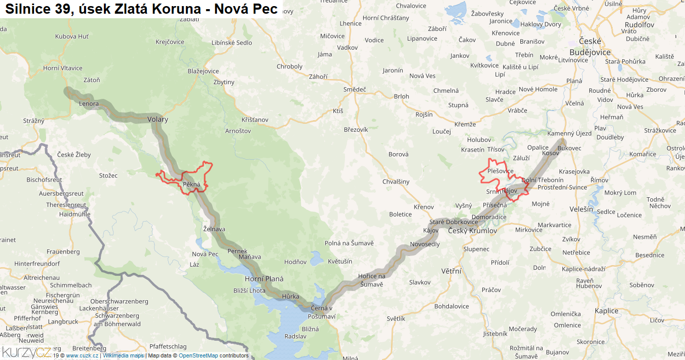 Úsek Zlatá Koruna - Nová Pec, Silnice 39 - Mapa