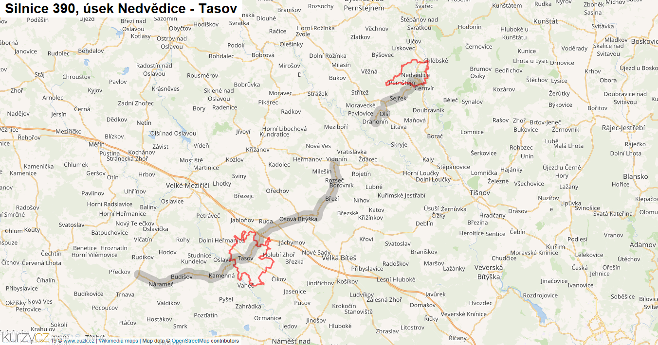 Úsek Nedvědice - Tasov, Silnice 390 - Mapa