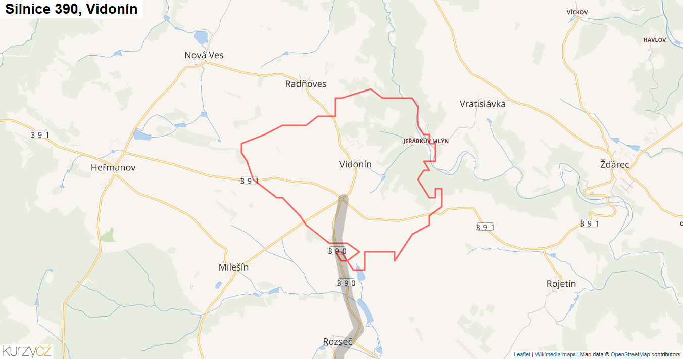 Vidonín, Silnice 390 - Mapa