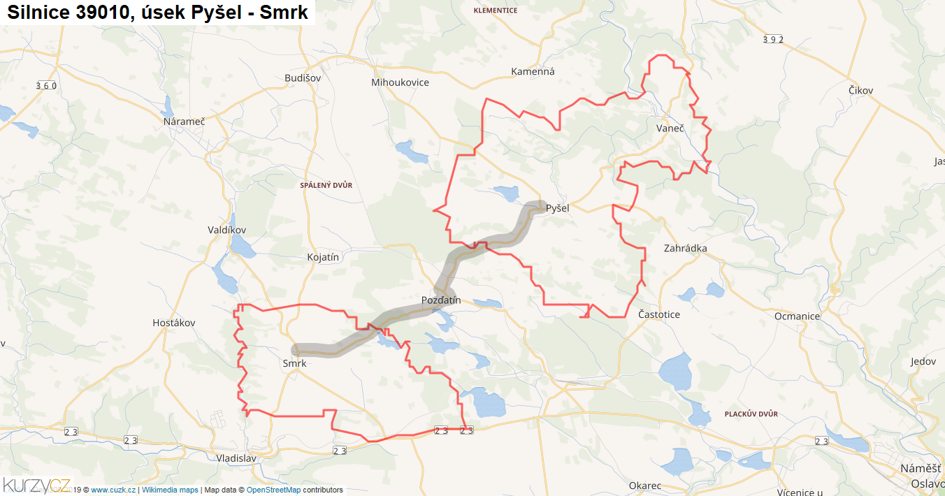 Úsek Pyšel - Smrk, Silnice 39010 - Mapa