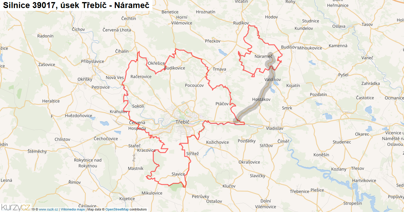Úsek Třebíč - Nárameč, Silnice 39017 - Mapa