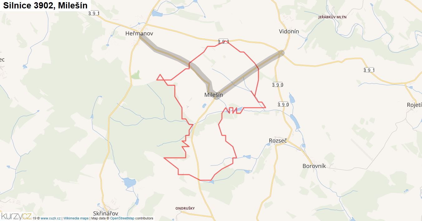 Milešín, Silnice 3902 - Mapa