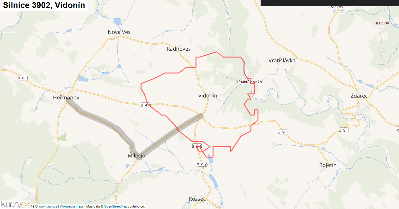 Vidonín, Silnice 3902 - Mapa