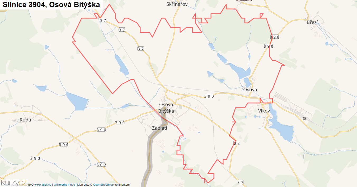Osová Bítýška, Silnice 3904 - Mapa