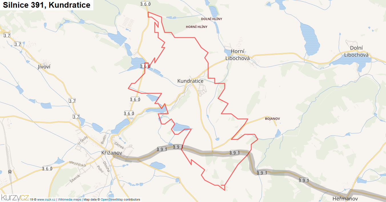 Kundratice, Silnice 391 - Mapa
