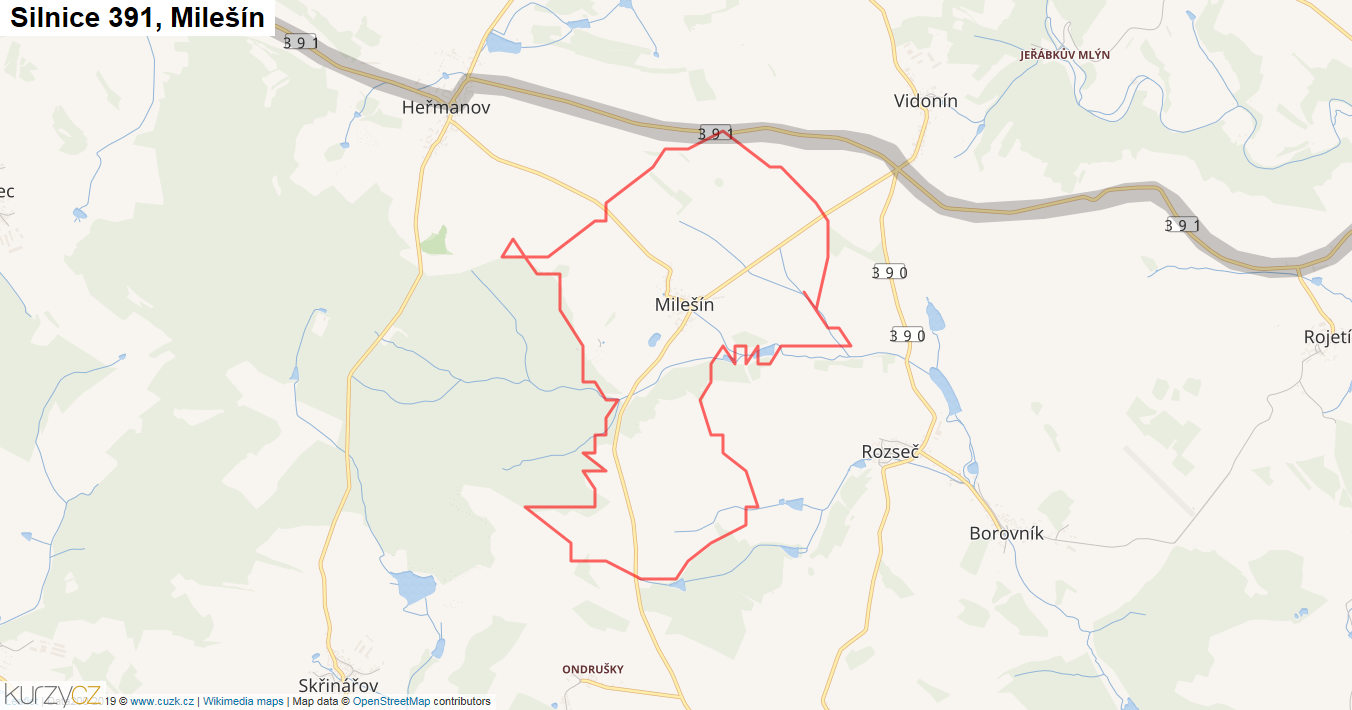 Milešín, Silnice 391 - Mapa
