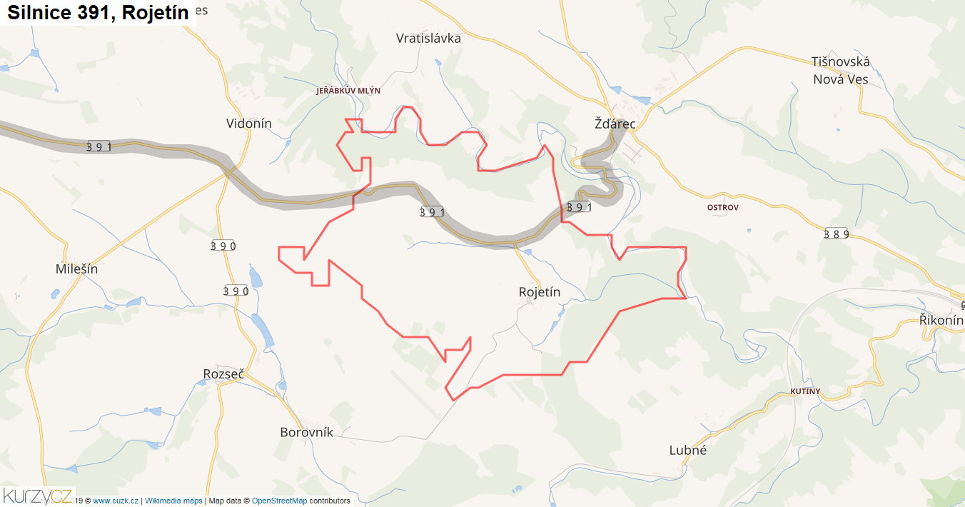 Rojetín, Silnice 391 - Mapa