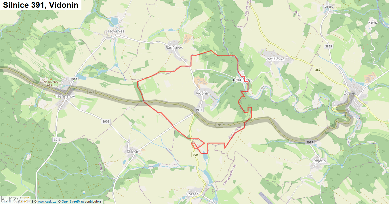 Vidonín, Silnice 391 - Mapa