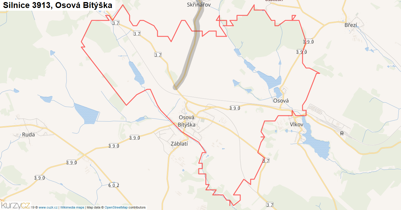 Osová Bítýška, Silnice 3913 - Mapa